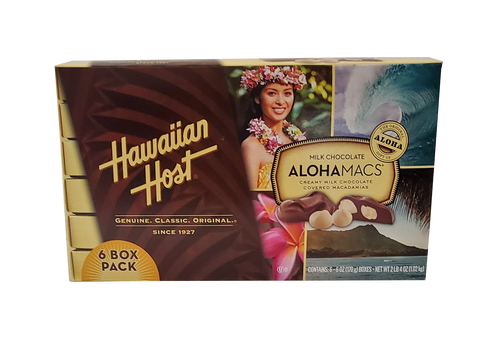 Hawaiian Host Milk Chocolate "ALOHAMACS" Creamy Milk Chocolate Covered Macadamias 6 Pack/5oz